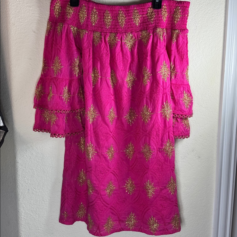 Boston Proper Pink Gold Embroidered Off The Shoulder Ruffle Sleeve Dress S‎ - Picture 3 of 8